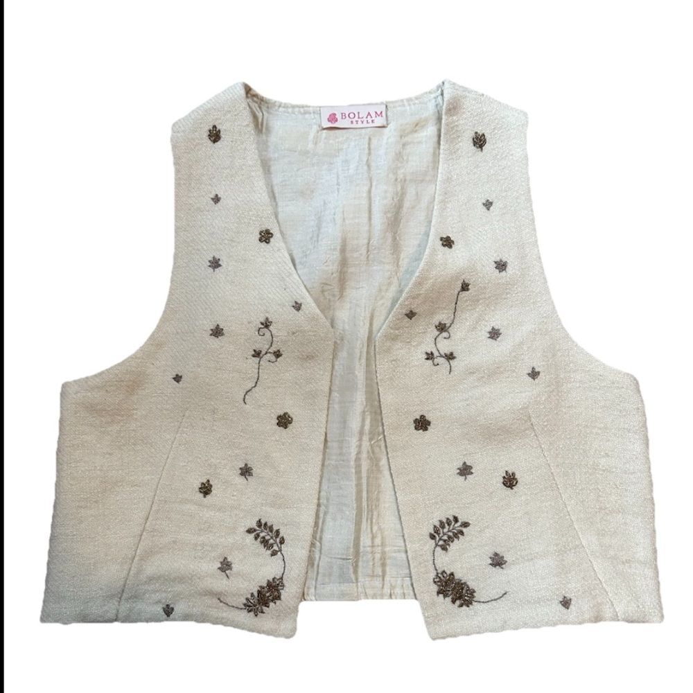 Vintage Medium Ivory Gold Embroidered Bolam Silk & Wool India Vest boho